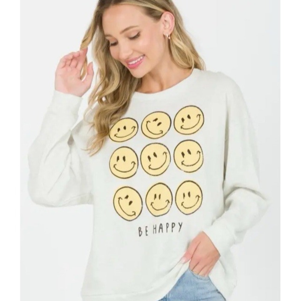 Tres Bien Women Size Large "Be Happy" Smiley‎ Faces L/S Sweatshirt Oatmeal